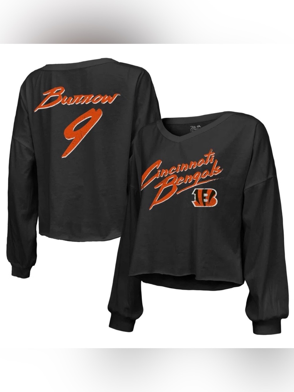 Joe Burrow-Bengals Majestic Threads Name & Number Off-Shoulder Cropped L/S Tee